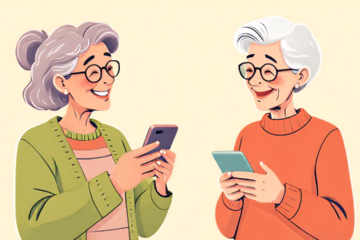Imagen de ancianos interactuando con un aplicativo de citas en sus dispositivos.